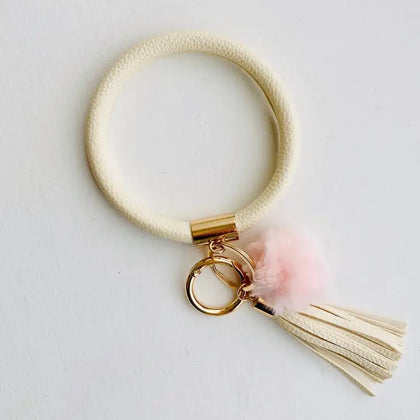 Bangle Key Chain with Pom - Cream w/ Pink